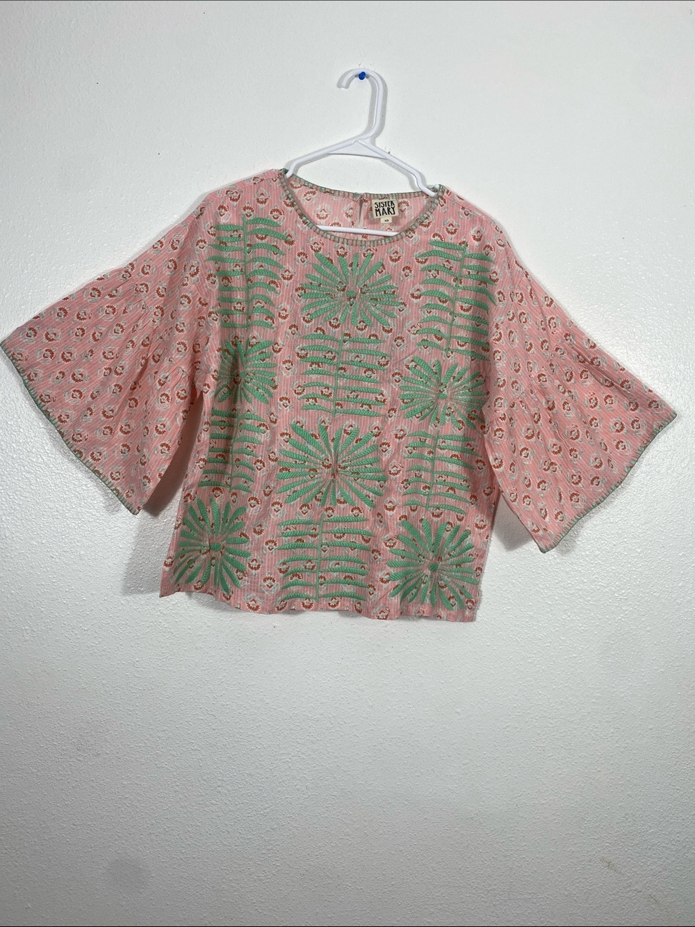 Sister Mary Elena Pink Green Embroidered Cotton Blouse Top Boho XS - Picture 2 of 16